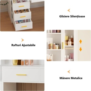 SEA23 - Set Masa toaleta 150 cm, cu Priza si USB, cosmetica, machiaj, oglinda cu LED, masuta vanity, make-up - Alb - Img 11