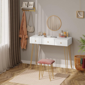 SEA297 - Set Masa toaleta, 100 cm, cosmetica machiaj cu oglinda si scaun, masuta vanity - Alb