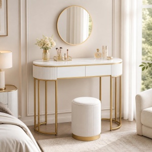 SEA74 - Set Masa toaleta, 100 cm, cosmetica, masa machiaj cu oglinda, cu scaun, masuta vanity - Alb-Auriu