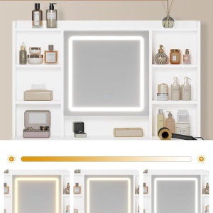 SEA827 - Set Masa toaleta 110 cm, cu Priza si USB, 5 Sertare, rafturi, Oglinda cu LED, Organizator Bijuterii, masuta vanity, make-up - Alb - Auriu - Img 7