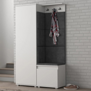 CUI510 - Cuier 104x37x177 cm - 3 agatatori haine, hol, pantofar - Alb, tapiterie Turcoaz/Gri/Albastru
