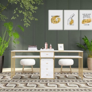 MANIAU206 - Masuta manichiura dubla, birou dublu, 200 cm, masa cosmetica pentru salon - Alb imitatie de marmura - Auriu