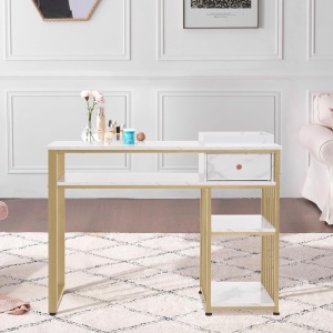 MANIAU210 - Masuta manichiura, 110 cm, birou, masa cosmetica pentru salon cu 1 Sertar si Tavita - Alb - Auriu
