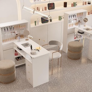 MANIAU211 - Masuta manichiura, 120 cm, birou, masa cosmetica pentru salon cu Aspirator Incorporat, Priza, LED, Sertare si Rafturi - Alb - Auriu - Img 8