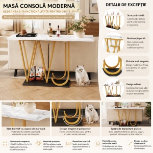 Masuta consola aurie 120 cm, masa hol, living, dormitor - Alb Imitatie de Marmura - MAU207 - Img 4