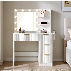 Masuta machiaj 92 cm, Alba sau Maro cu Oglinda LED si 4 Sertare pentru Cosmetice, Set Masa toaleta cu 2 Prize, USB si USB-C, masuta cosmetica, vanity cu Riflaj si Rafturi - SEM26 - Img 11