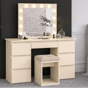 Masuta machiaj Crem cu Oglinda LED si 7 Sertare pentru Cosmetice, Set Masa toaleta 120 cm, masuta cosmetica, vanity - SEC502 - Img 7