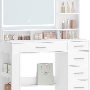 Masuta machiaj cu Oglinda HD LED si 5 Sertare pentru Cosmetice, Set Masa toaleta 108 cm, Alb, masuta cosmetica, vanity - SEA13 - Img 6