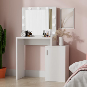 Masuta machiaj cu Oglinda LED, Set Masa toaleta 96 cm, Alb, masuta cosmetica, vanity - SEA458