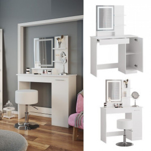 Masuta machiaj cu Oglinda LED si 1 Sertar pentru Cosmetice, Set Masa toaleta 90 cm, Alb, masuta cosmetica, vanity - SEA399 - Img 2