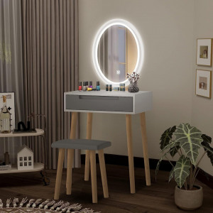 Masuta machiaj cu Oglinda LED si 1 Sertar pentru Cosmetice, Set Masa toaleta 60 cm, Alb, masuta cosmetica, vanity - SEA429