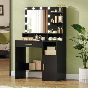 Masuta machiaj cu Oglinda LED si 1 Sertar pentru Cosmetice, Set Masa toaleta 80 cm, Alb / Negru / Gri, masuta cosmetica, vanity - SEG19 - Img 8