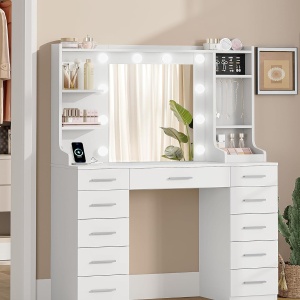 Masuta machiaj cu Oglinda LED si 11 Sertare pentru Cosmetice, Set Masa toaleta 108 cm, Alb, masuta cosmetica, vanity - SEA9 - Img 2