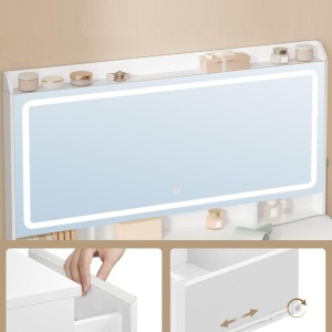 Masuta machiaj cu Oglinda LED si 11 Sertare pentru Cosmetice, Set Masa toaleta 108 cm, Alb, masuta cosmetica, vanity cu Priza si USB - SEA12 - Img 8
