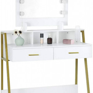 Masuta machiaj cu Oglinda LED si 2 Sertare pentru Cosmetice, Set Masa toaleta 90 cm, Alb, masuta cosmetica, vanity - SEA351 - Img 2