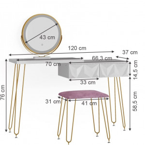 Masuta machiaj cu Oglinda LED si 2 Sertare pentru Cosmetice, Set Masa toaleta 120 cm, Alb, masuta cosmetica, vanity - SEA391 - Img 6