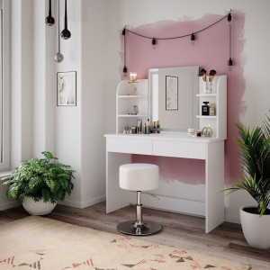 Masuta machiaj cu Oglinda LED si 2 Sertare pentru Cosmetice, Set Masa toaleta 106 cm, Alb, masuta cosmetica, vanity - SEA413