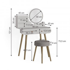 Masuta machiaj cu Oglinda LED si 2 Sertare pentru Cosmetice, Set Masa toaleta 80 cm, Alb, masuta cosmetica, vanity - SEA416 - Img 6