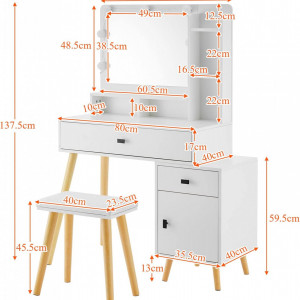 Masuta machiaj cu Oglinda LED si 2 Sertare pentru Cosmetice, Set Masa toaleta 80 cm, Alb, masuta cosmetica, vanity - SEA426 - Img 2