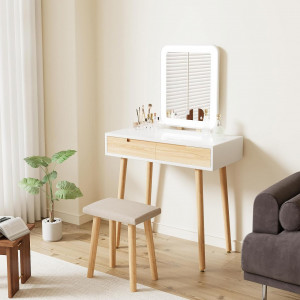 Masuta machiaj cu Oglinda LED si 2 Sertare pentru Cosmetice, Set Masa toaleta 80 cm, Alb, masuta cosmetica, vanity - SEA431