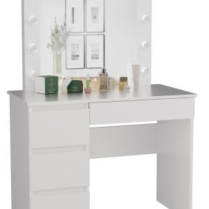 Masuta machiaj cu Oglinda LED si 2 Sertare pentru Cosmetice, Set Masa toaleta 98 cm, Alb, masuta cosmetica, vanity - SEA554 - Img 3