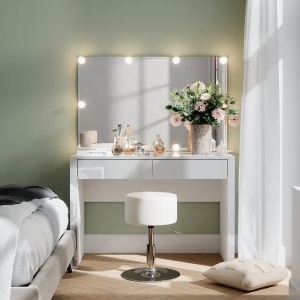 Masuta machiaj cu Oglinda LED si 2 Sertare pentru Cosmetice, Set Masa toaleta 110 cm, Alb Lucios, masuta cosmetica, vanity - SEA812