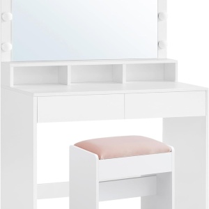 Masuta machiaj cu Oglinda LED si 2 Sertare pentru Cosmetice, Set Masa toaleta 80 cm, Alb, masuta cosmetica, vanity - SEA385 - Img 10