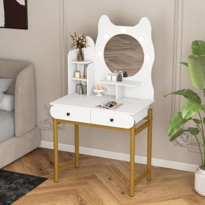 Masuta machiaj cu Oglinda LED si 2 Sertare pentru Cosmetice, Set Masa toaleta 80 cm, Alb / Maro, masuta cosmetica, vanity - SEA834