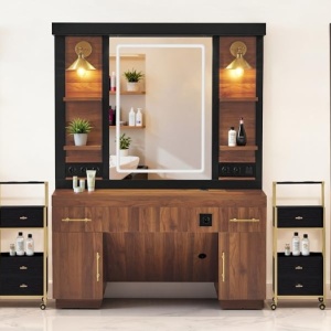 Masuta machiaj cu Oglinda LED si 2 Sertare pentru Cosmetice, Set Masa toaleta 150 cm, Negru / Maro, masuta cosmetica, vanity - SEN259 - Img 10