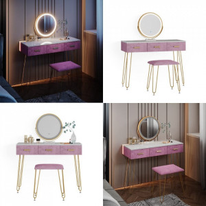 Masuta machiaj cu Oglinda LED si 3 Sertare pentru Cosmetice, Set Masa toaleta 100 cm, Alb, masuta cosmetica, vanity - SEA396 - Img 4