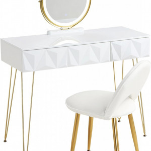 Masuta machiaj cu Oglinda LED si 3 Sertare pentru Cosmetice, Set Masa toaleta 100 cm, Alb Lucios, masuta cosmetica, vanity - SEA435 - Img 2