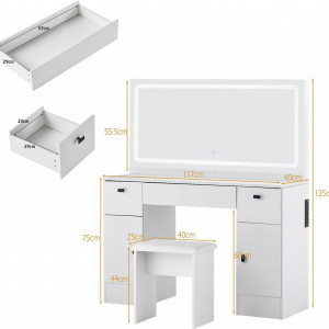Masuta machiaj cu Oglinda LED si 3 Sertare pentru Cosmetice, Set Masa toaleta 117 cm, Alb, masuta cosmetica, vanity - SEA463 - Img 2