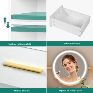 Masuta machiaj cu Oglinda LED si 3 Sertare pentru Cosmetice, Set Masa toaleta 80 cm, Alb, masuta cosmetica, vanity - SEA825 - Img 3