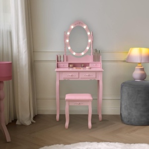 Masuta machiaj cu Oglinda LED si 4 Sertare pentru Cosmetice, Roz, masuta cosmetica, vanity - SER103