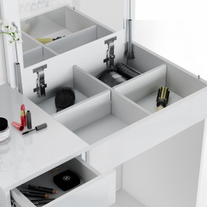 Masuta machiaj cu Oglinda LED si 4 Sertare pentru Cosmetice, Set Masa toaleta 117 cm, Alb, masuta cosmetica, vanity - SEA389 - Img 6
