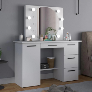 Masuta machiaj cu Oglinda LED si 4 Sertare pentru Cosmetice, Set Masa toaleta 120 cm, Alb, masuta cosmetica, vanity - SEA543 - Img 5