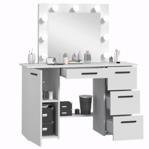 Masuta machiaj cu Oglinda LED si 4 Sertare pentru Cosmetice, Set Masa toaleta 120 cm, Alb, masuta cosmetica, vanity - SEA544 - Img 5