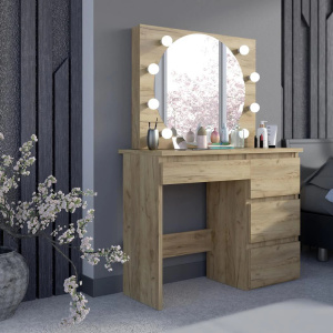 Masuta machiaj cu Oglinda LED si 4 Sertare pentru Cosmetice, Set Masa toaleta 94 cm, Stejar, masuta cosmetica, vanity - SEM524