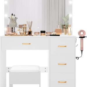 Masuta machiaj cu Oglinda LED si 4 Sertare pentru Cosmetice, Set Masa toaleta 90 cm, Alb, masuta cosmetica, vanity - SEA482 - Img 4
