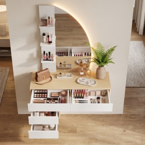 Masuta machiaj cu Oglinda LED si 4 Sertare pentru Cosmetice, Set Masa toaleta 106 cm, Alb - Maro, masuta cosmetica, vanity cu Riflaj si Rafturi - SEM247 - Img 9