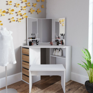 Masuta machiaj cu Oglinda LED si 5 Sertare pentru Cosmetice, Alb, masuta cosmetica, vanity - SEA274 - Img 5