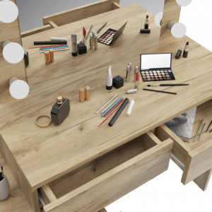Masuta machiaj cu Oglinda LED si 5 Sertare pentru Cosmetice, Set Masa toaleta 112 cm, Stejar, masuta cosmetica, vanity - SEM510 - Img 5