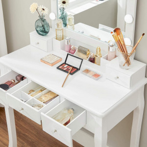 Masuta machiaj cu Oglinda LED si 5 Sertare pentru Cosmetice, Set Masa toaleta 80 cm, Alb, masuta cosmetica, vanity - SEA375 - Img 3