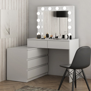 Masuta machiaj cu Oglinda LED si 5 Sertare pentru Cosmetice, Set Masa toaleta 130 cm, Alb, masuta cosmetica, vanity - SEA541