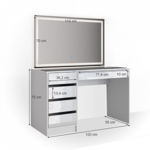 Masuta machiaj cu Oglinda LED si 5 Sertare pentru Cosmetice, Set Masa toaleta 120 cm, Alb Lucios, masuta cosmetica, vanity - SEA902 - Img 5