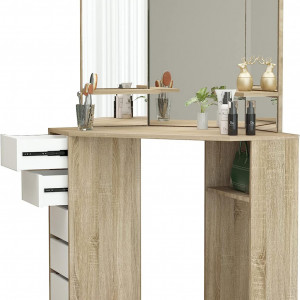 Masuta machiaj cu Oglinda LED si 5 Sertare pentru Cosmetice, Set Masa toaleta 110 cm, Alb, masuta cosmetica, vanity - SEM14 - Img 4
