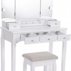 Masuta machiaj cu Oglinda LED si 5 Sertare pentru Cosmetice, Set Masa toaleta 80 cm, Alb, masuta cosmetica, vanity - SEA92 - Img 3