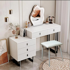 Masuta machiaj cu Oglinda LED si 5 Sertare pentru Cosmetice, Set Masa toaleta 140 cm, Alb, masuta cosmetica, vanity - SEA94