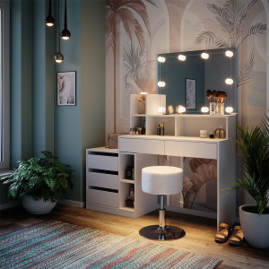 Masuta machiaj cu Oglinda LED si 5 Sertare pentru Cosmetice, Set Masa toaleta 140 cm, Alb, masuta cosmetica, vanity - SEA453