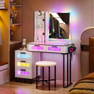 Masuta machiaj cu Oglinda LED si 5 Sertare pentru Cosmetice, Set Masa toaleta 80 cm, Alb, masuta cosmetica, vanity - SEA455